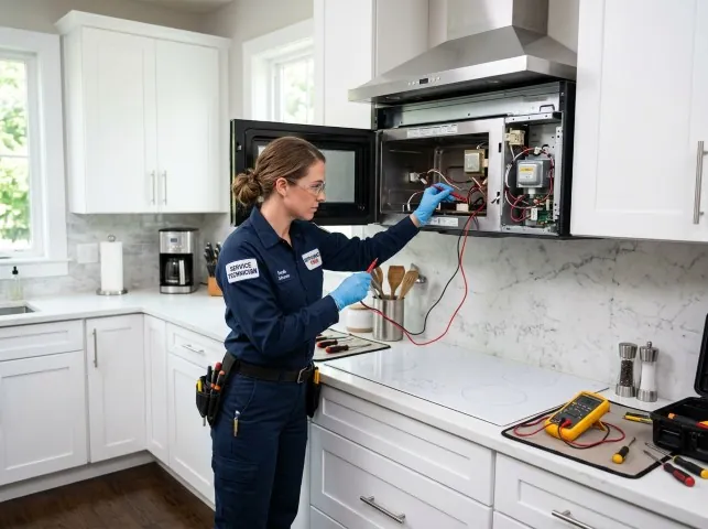 Appliance Repair Hero technician testing an over-the-range microwave in a Boston, VA kitchen